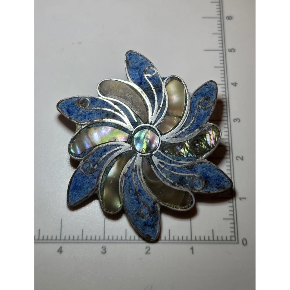 Vintage Sterling Silver Abalone Inlay Taxco Flower Pendant Brooch